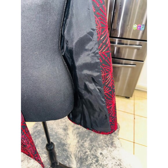 Allison W 100% Silk Jacket Jacquard Red Black Geometric Open Blazer Office City - Picture 7 of 11